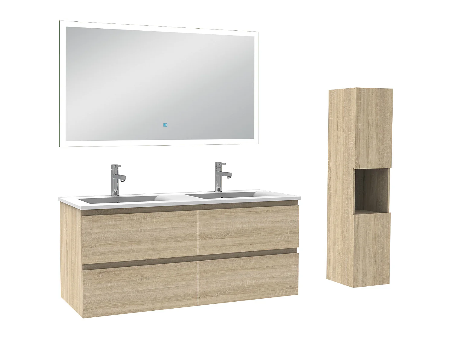 Ensemble meubles Salle de Bain 120cm double vasque + colonne + miroir lumineux Chêne Wotan - Aica