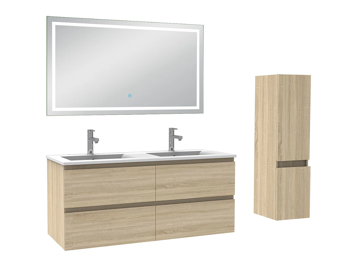 Ensemble meubles Salle de Bain 120cm vasque + colonne + miroir lumineux Chêne Wotan - Aica