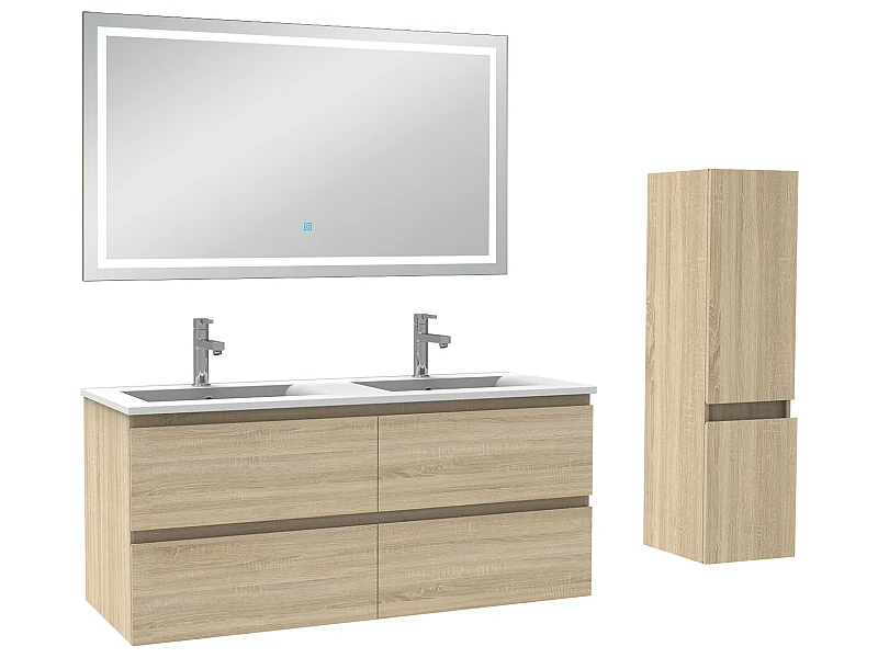 Ensemble meubles Salle de Bain 120cm vasque + colonne + miroir lumineux Chêne Wotan - Aica