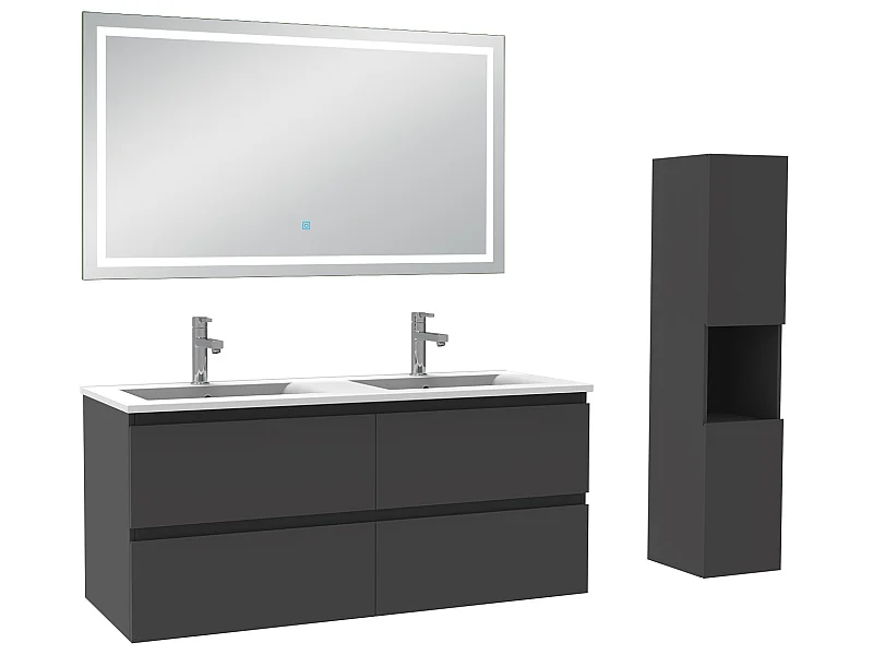 Ensemble meubles double vasque 120cm, colonne + miroir lumineux Anthracite - Aica