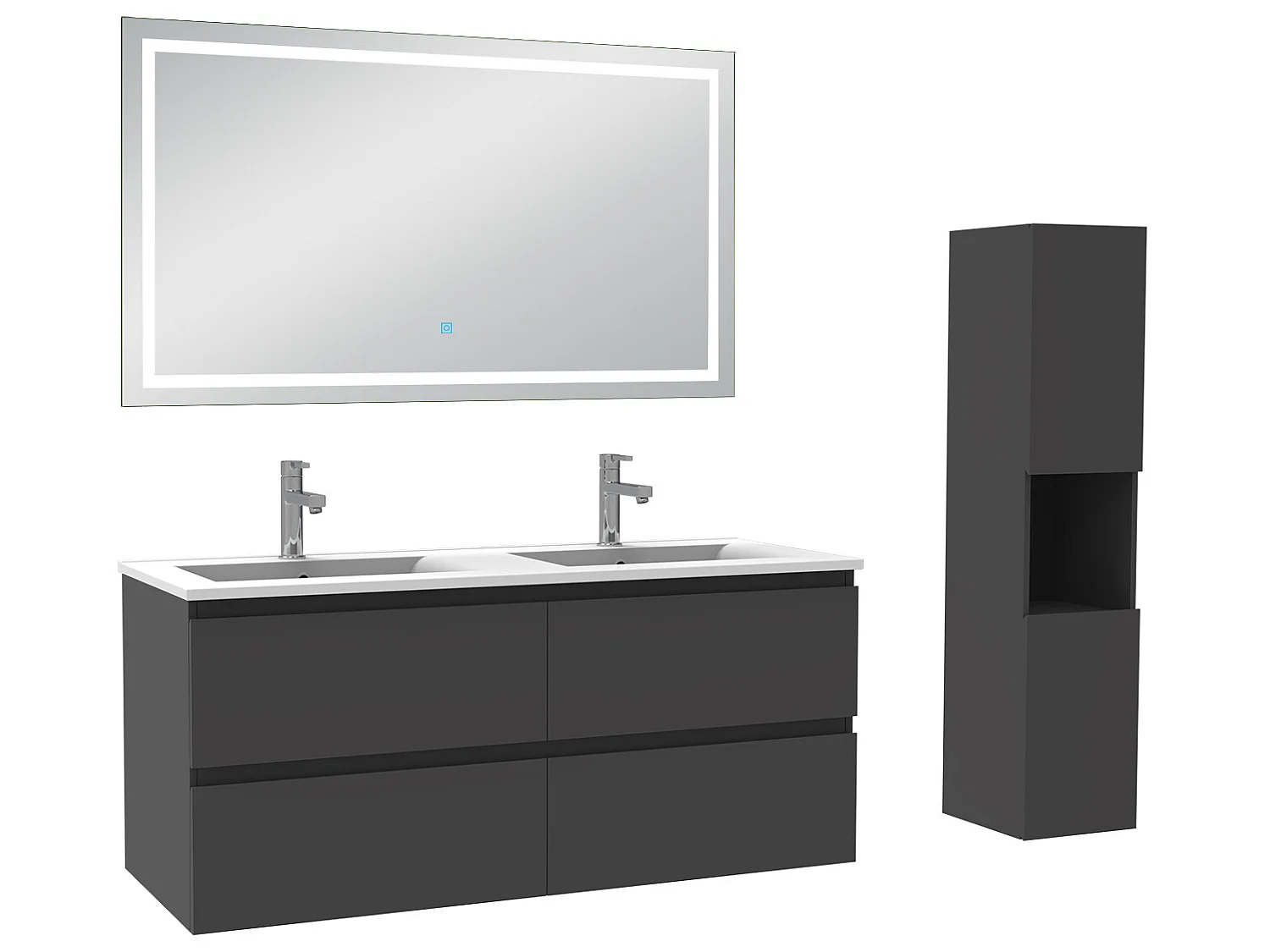 Ensemble meubles double vasque 120cm, colonne + miroir lumineux Anthracite - Aica