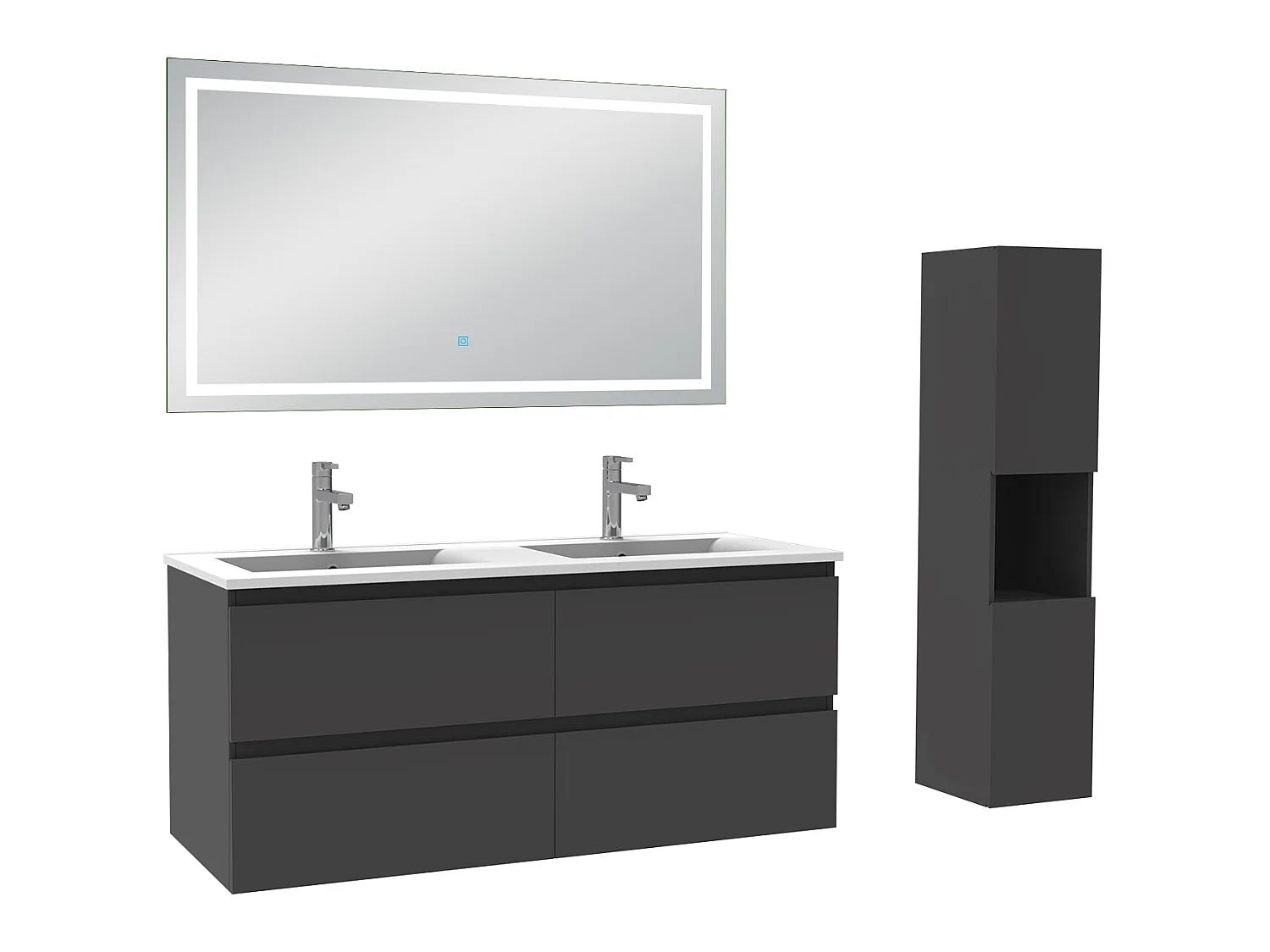 Ensemble meubles double vasque 120cm, colonne + miroir lumineux Anthracite - Aica