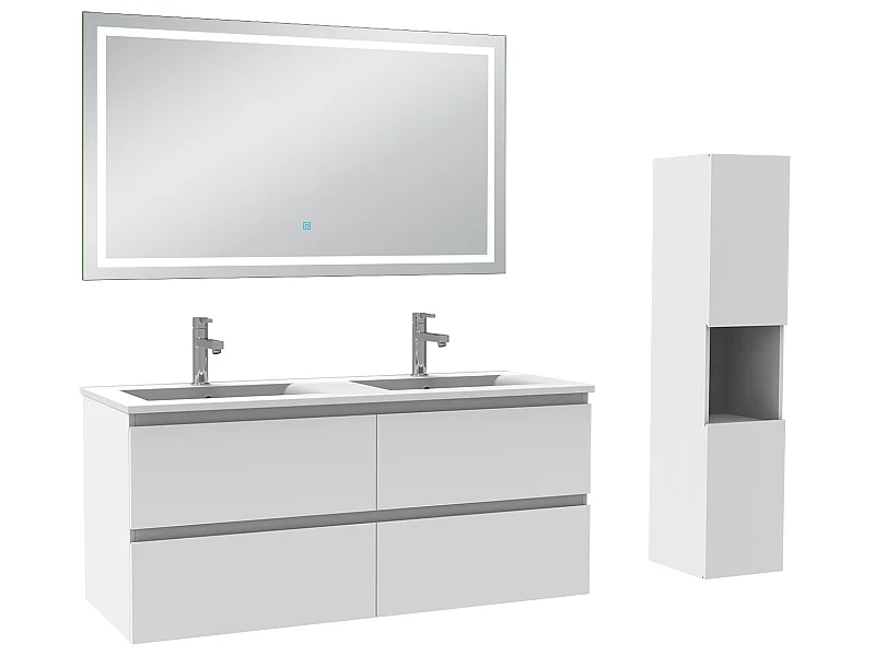 Ensemble meubles double vasque 120cm, colonne + miroir lumineux Blanc - Aica