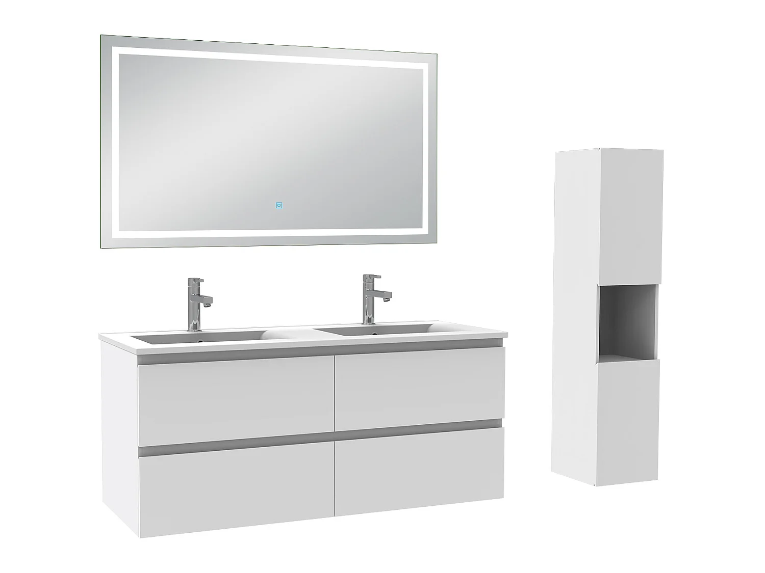 Ensemble meubles double vasque 120cm, colonne + miroir lumineux Blanc - Aica
