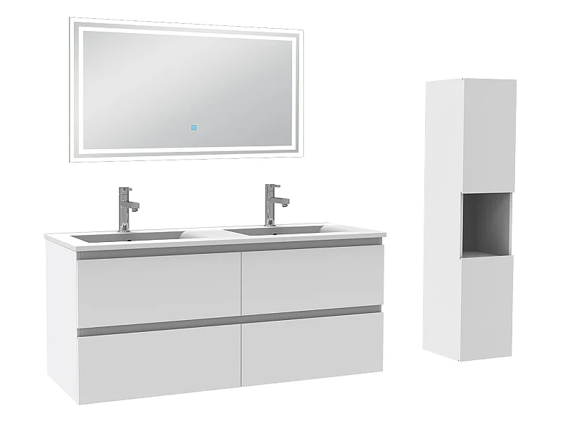 Meubles double vasque l.120 x H.52 x P.46cm, meuble acve colonne + miroir lumineux Blanc, Aica