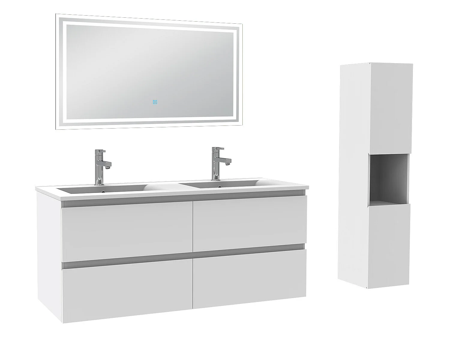 Meubles double vasque l.120 x H.52 x P.46cm, meuble acve colonne + miroir lumineux Blanc, Aica
