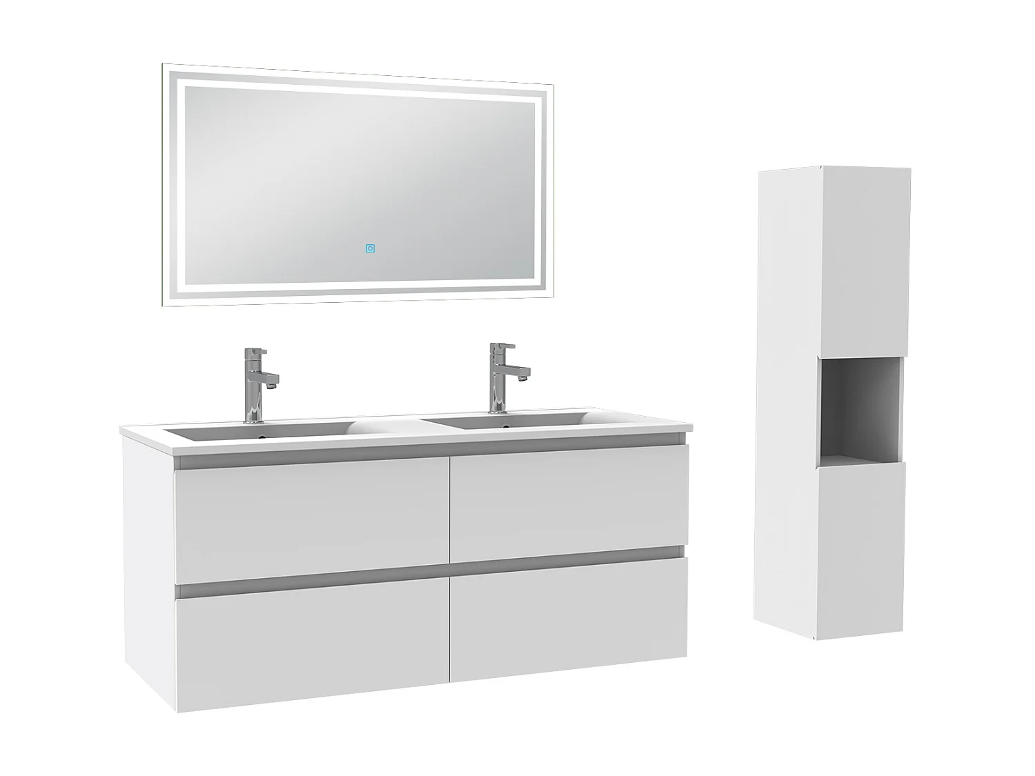 Meubles double vasque l.120 x H.52 x P.46cm, meuble acve colonne + miroir lumineux Blanc, Aica