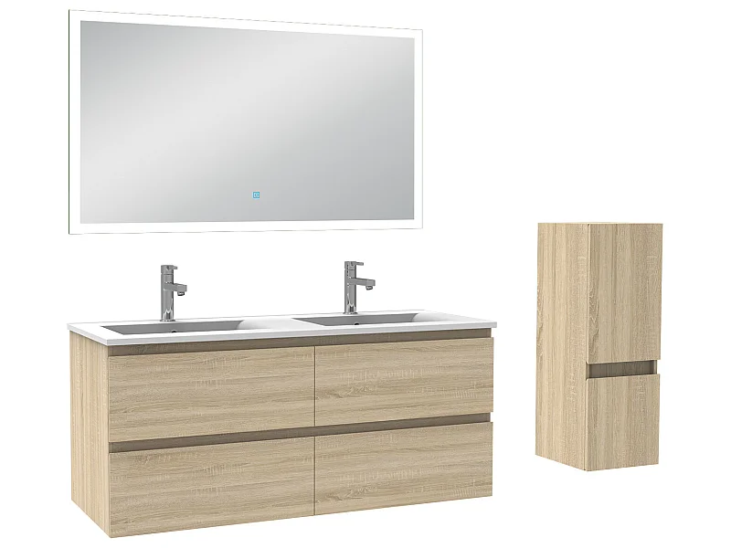 Ensemble meubles Salle de Bain 120cm vasque + colonne + miroir LED Chêne Wotan - Aica