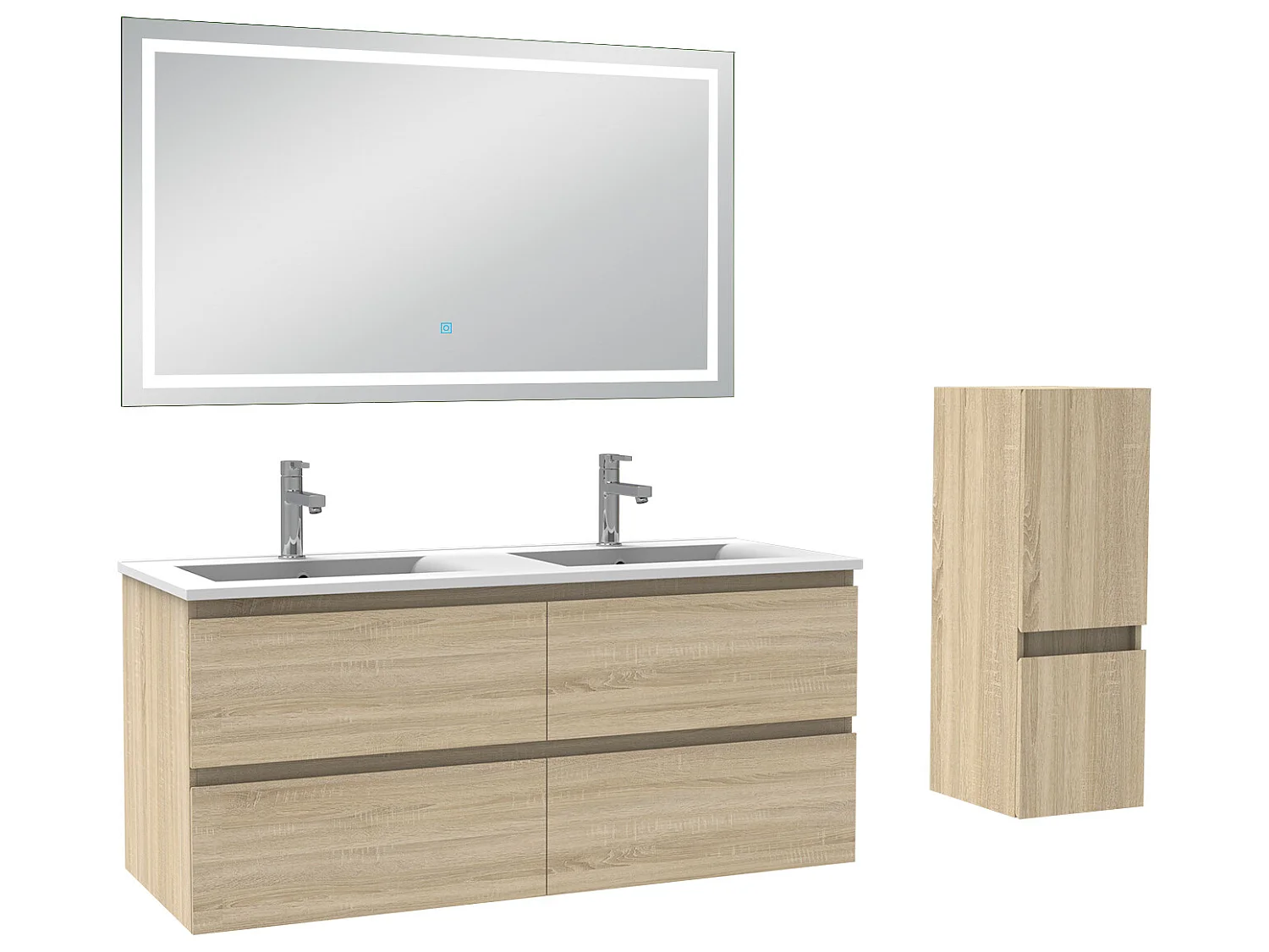 Ensemble meubles Salle de Bain 120cm 4pcs vasque et colonne et miroir LED Chêne Wotan - Aica