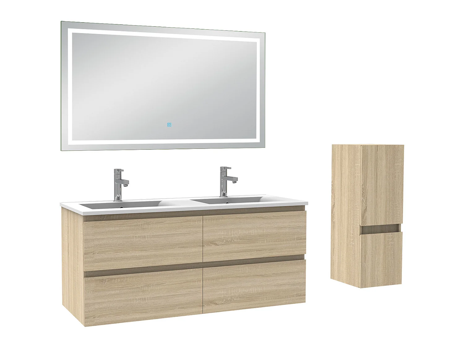 Ensemble meubles Salle de Bain 120cm 4pcs vasque et colonne et miroir LED Chêne Wotan - Aica