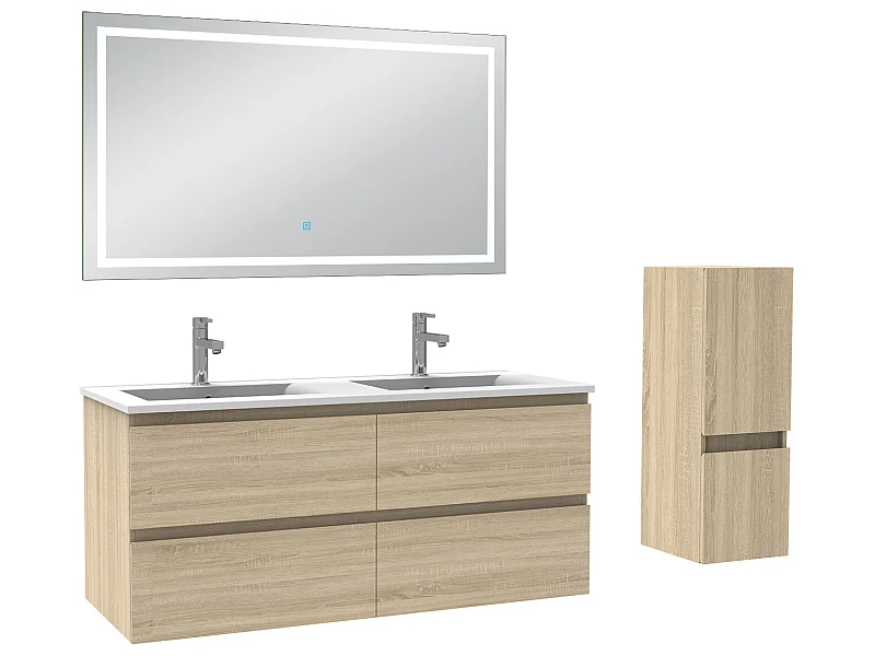Ensemble meubles Salle de Bain 120cm 4pcs vasque et colonne et miroir LED Chêne Wotan - Aica