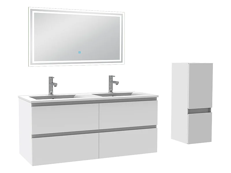 Ensemble meubles Salle de Bain 120cm 4pcs vasque + colonne + miroir LED Blanc - Aica