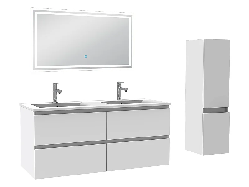 Meubles double vasque l.120 x H.52 x P.46cm, meuble acve colonne et miroir lumineux Blanc, Aica