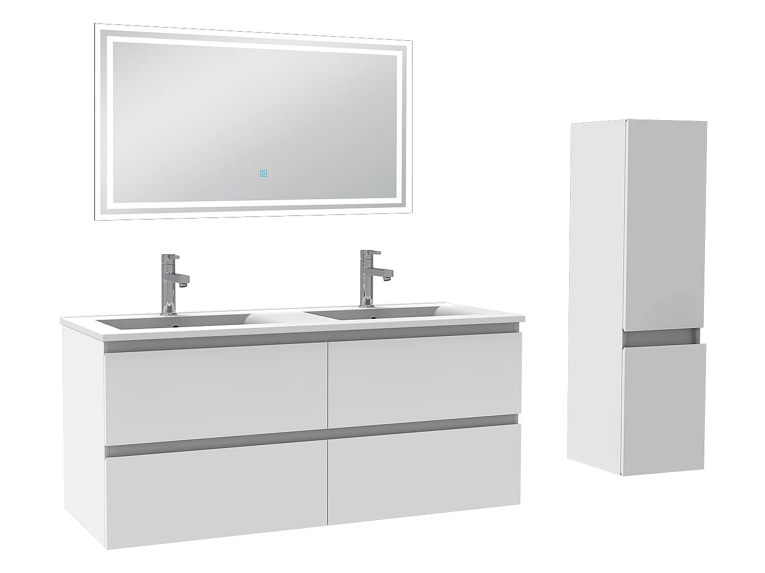 Meubles double vasque l.120 x H.52 x P.46cm, meuble acve colonne et miroir lumineux Blanc, Aica