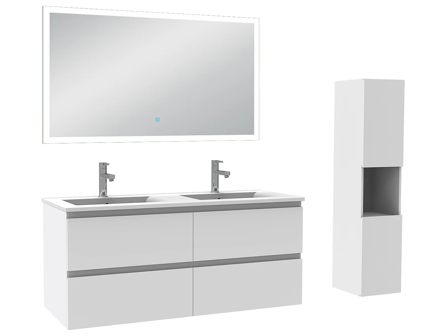 Ensemble meubles Salle de Bain 120cm double vasque + colonne + miroir lumineux Blanc - Aica