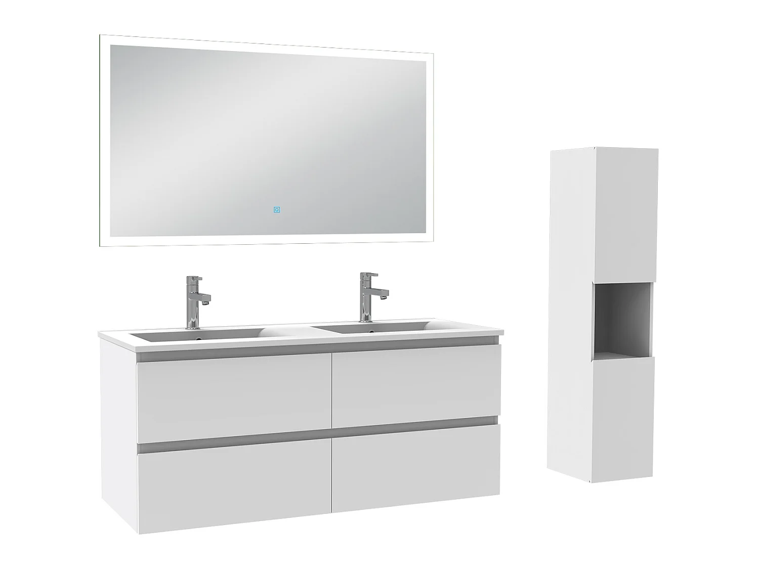 Ensemble meubles Salle de Bain 120cm double vasque + colonne + miroir lumineux Blanc - Aica