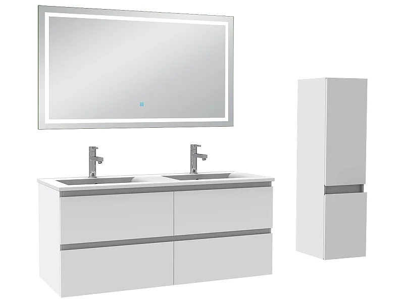 Ensemble meubles Salle de Bain 120cm vasque + colonne + miroir lumineux Blanc - Aica