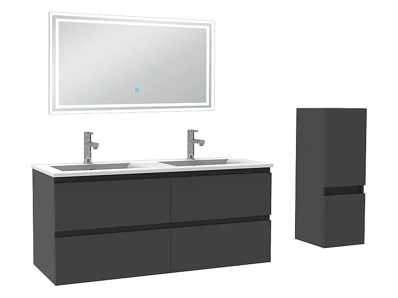 Ensemble meubles Salle de Bain 120cm 4pcs vasque + colonne + miroir LED Anthracite - Aica