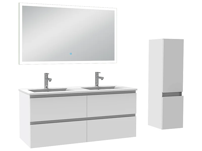 Meuble Salle de Bain 120cm vasque + colonne + miroir lumineux Blanc - Aica