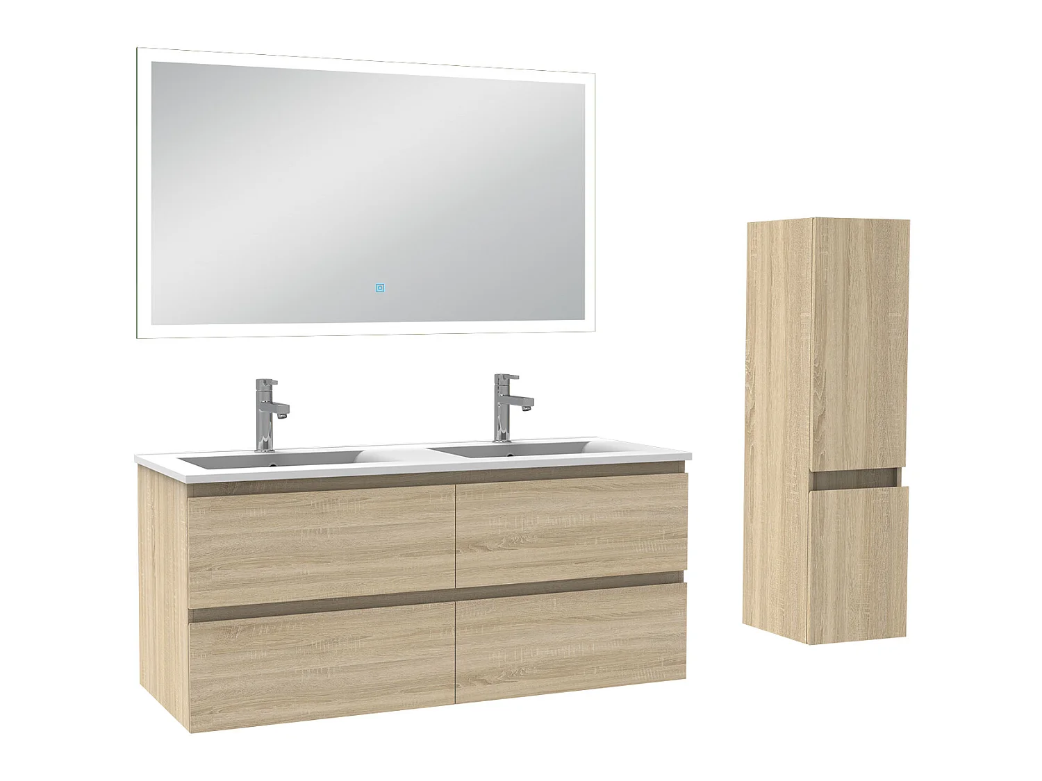 Meuble Salle de Bain 120cm vasque + colonne + miroir lumineux Chêne Wotan - Aica