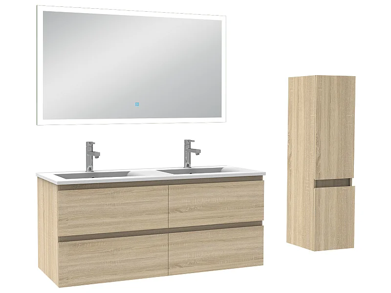 Meuble Salle de Bain 120cm vasque + colonne + miroir lumineux Chêne Wotan - Aica