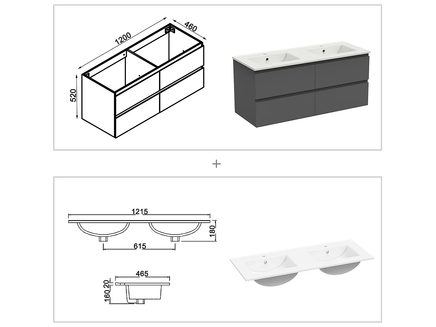 Ensemble meubles salle de bain 120cm double vasque + miroir Anthracite, Aica
