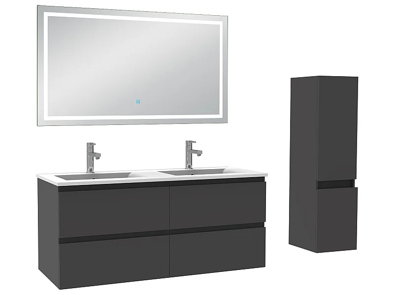 Ensemble meubles Salle de Bain 120cm vasque + colonne + miroir lumineux Anthracite - Aica