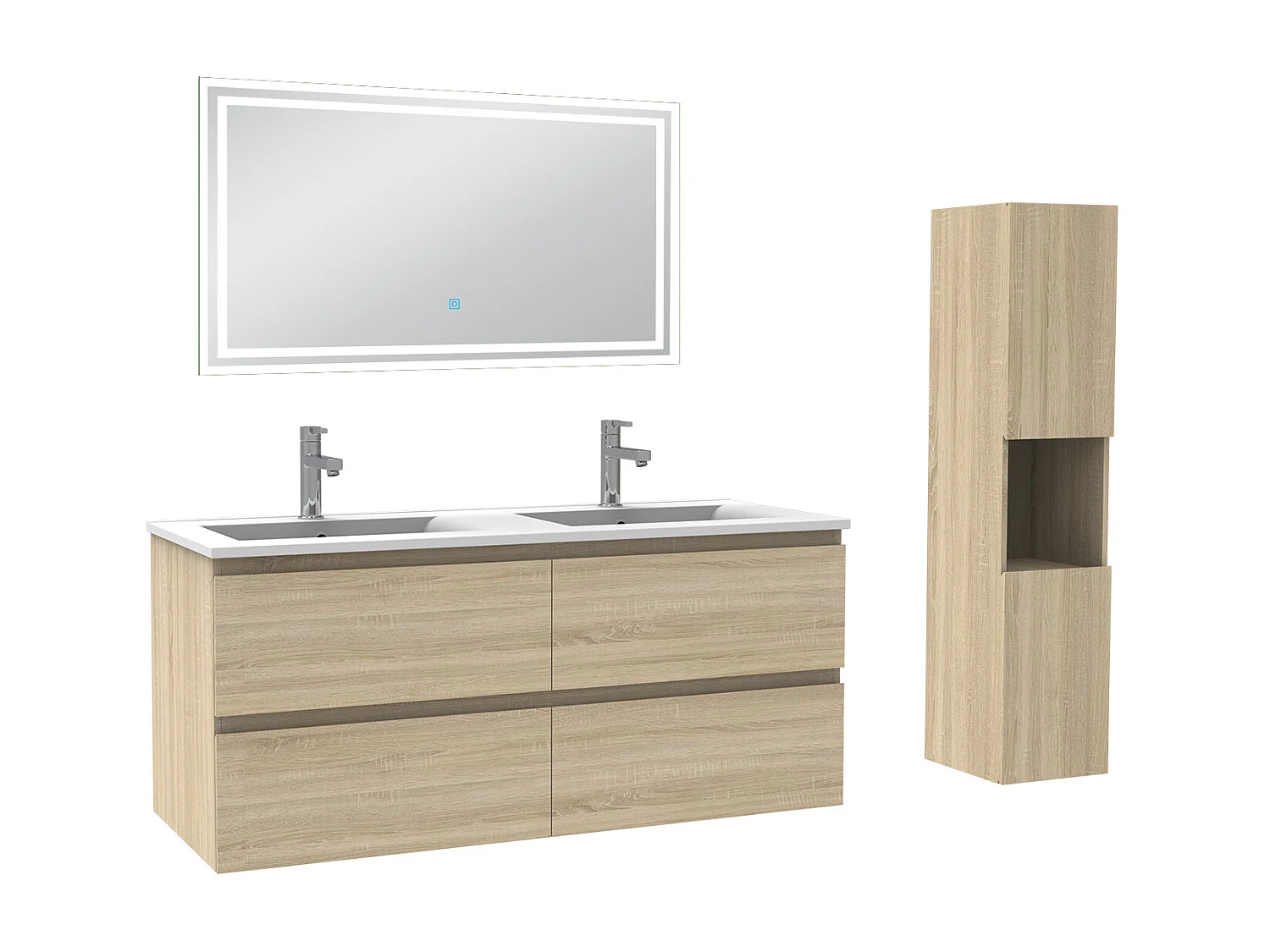 Meubles double vasque l.120 x H.52 x P.46cm, meuble acve colonne + miroir lumineux Chêne Wotan, Aica