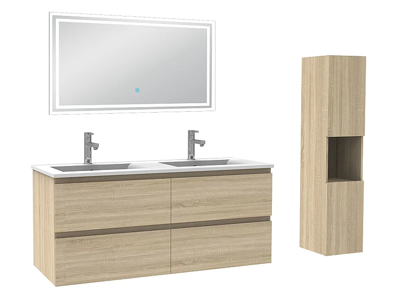 Meubles double vasque l.120 x H.52 x P.46cm, meuble acve colonne + miroir lumineux Chêne Wotan, Aica