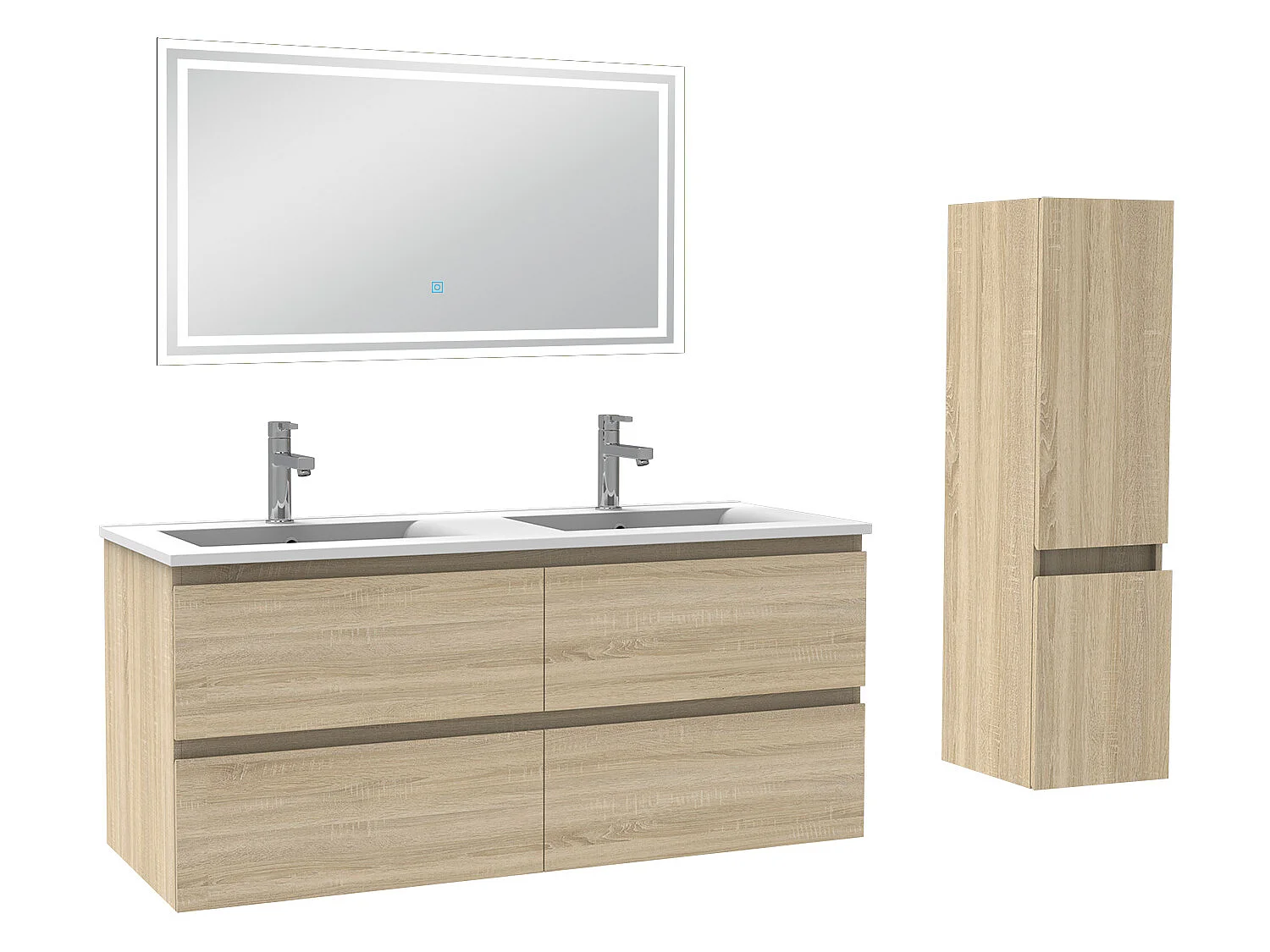 Meubles double vasque l.120 x H.52 x P.46cm, meuble acve colonne et miroir lumineux Chêne Wotan, Aica