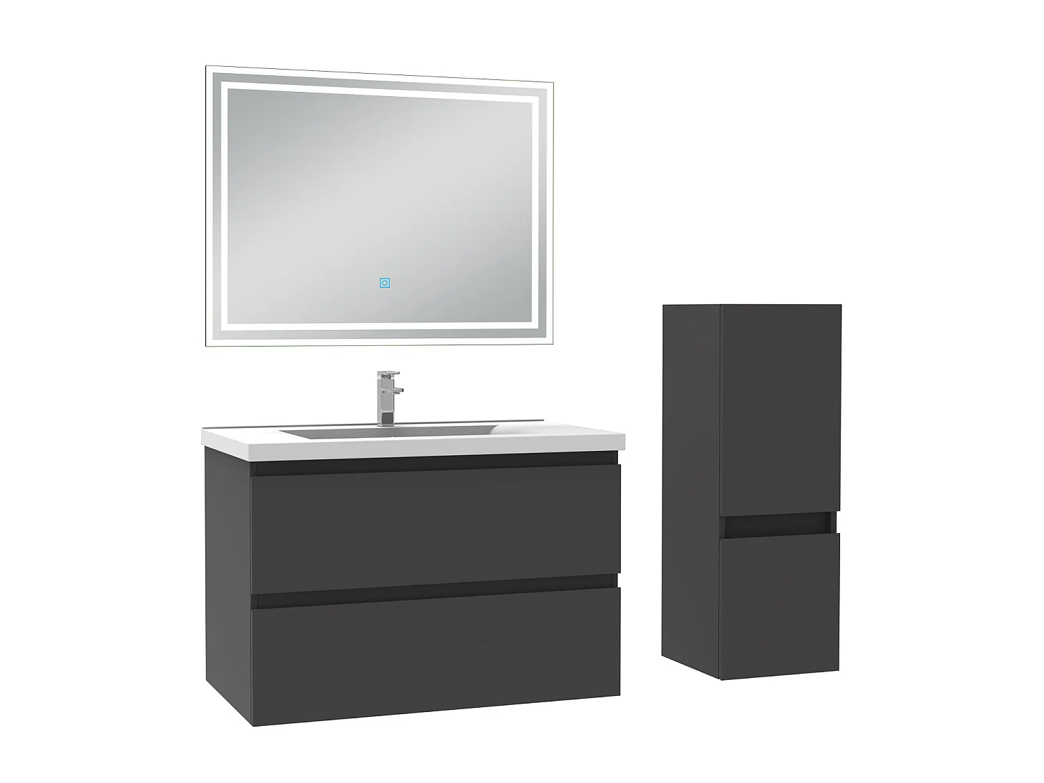 Ensemble meubles Salle de Bain 60cm 4pcs vasque + colonne + miroir LED Anthracite - Aica