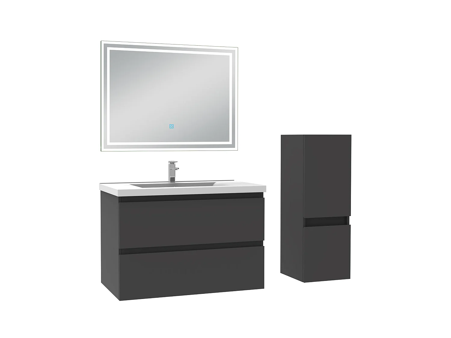 Ensemble meubles Salle de Bain 60cm 4pcs vasque + colonne + miroir LED Anthracite - Aica