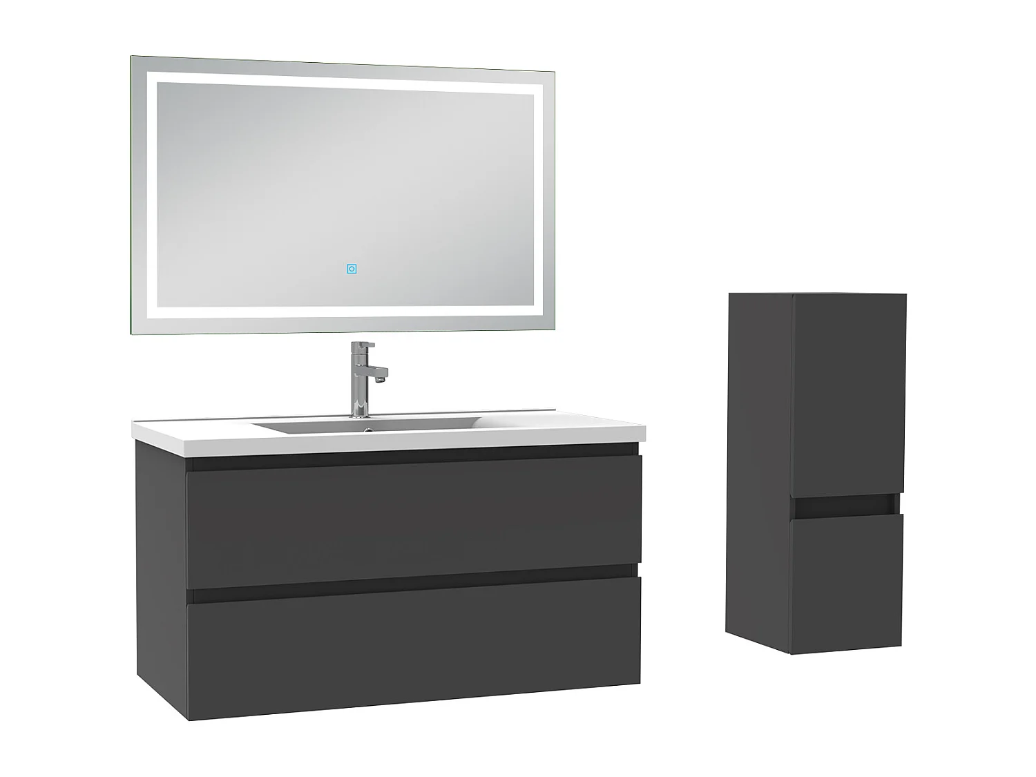 Ensemble meubles Salle de Bain 100cm 4pcs vasque et colonne et miroir LED Anthracite - Aica