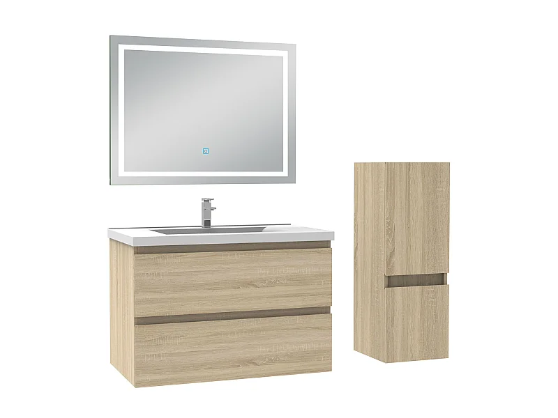 Ensemble meubles Salle de Bain 80cm 4pcs vasque et colonne et miroir LED Chêne Wotan - Aica