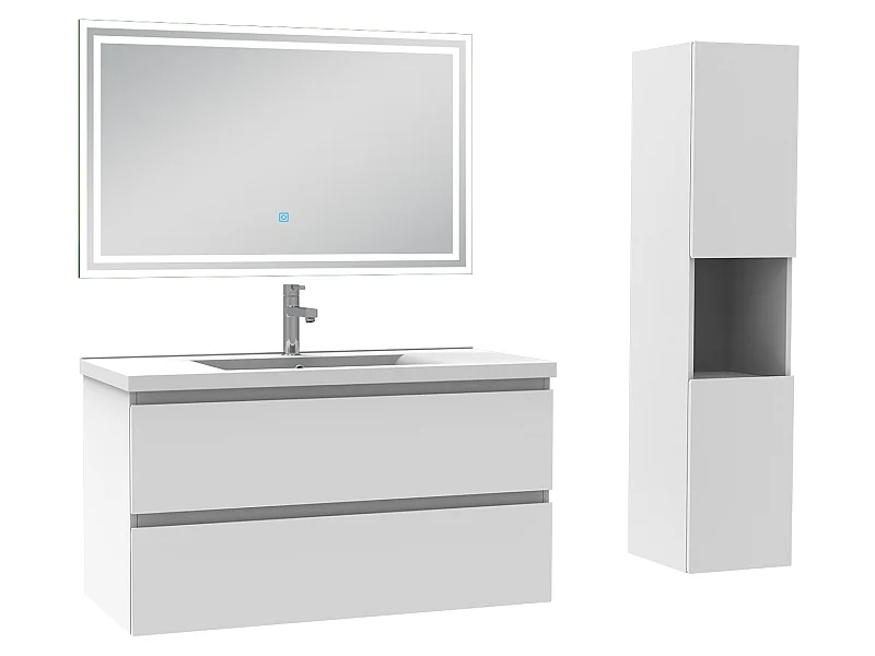 Meubles simple vasque l.100 x H.52 x P.45cm, meuble acve colonne + miroir lumineux Blanc, Aica