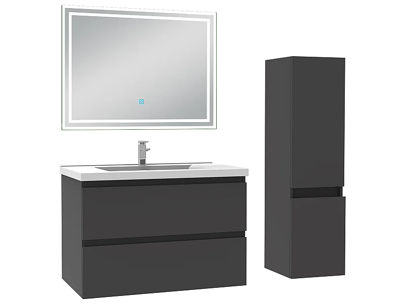 Meubles simple vasque l.80 x H.52 x P.45cm, meuble acve colonne et miroir lumineux Anthracite, Aica