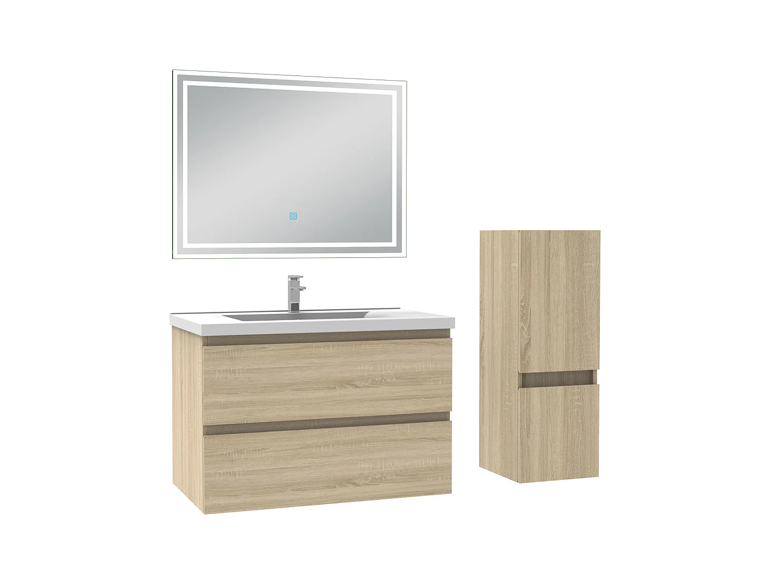 Ensemble meubles Salle de Bain 60cm 4pcs vasque + colonne + miroir LED Chêne Wotan - Aica