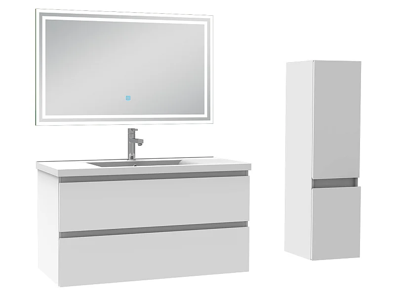 Meubles simple vasque l.100 x H.52 x P.45cm, meuble acve colonne et miroir lumineux Blanc, Aica