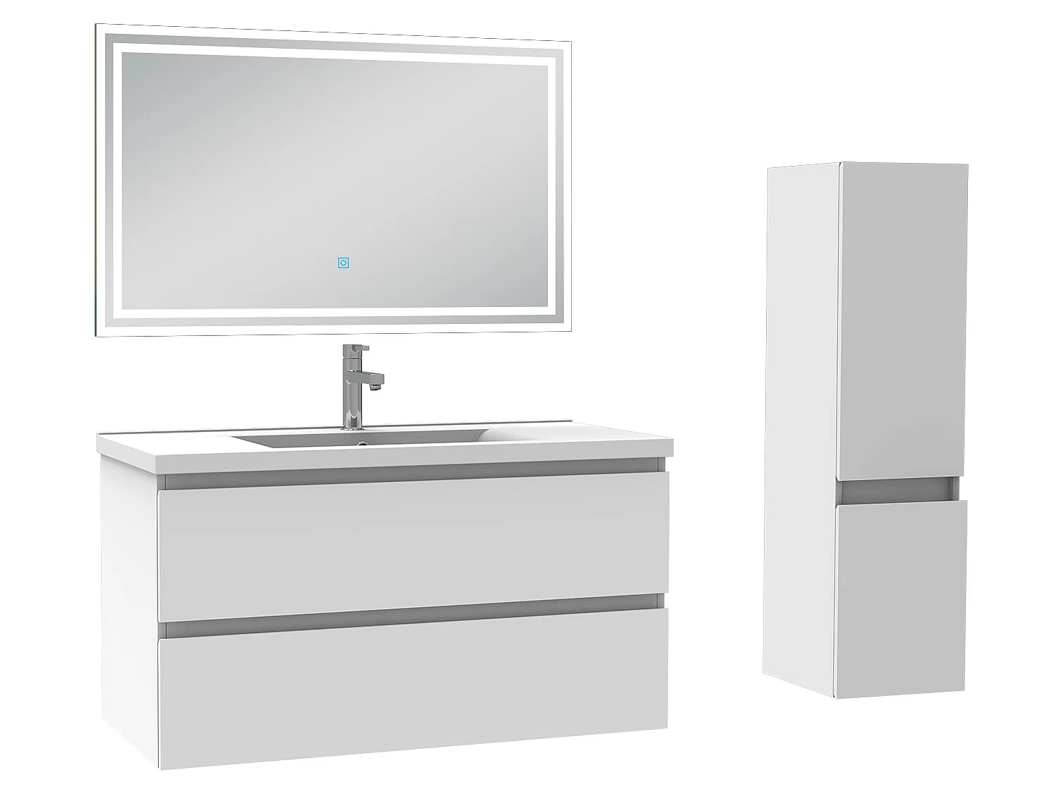 Meubles simple vasque l.100 x H.52 x P.45cm, meuble acve colonne et miroir lumineux Blanc, Aica