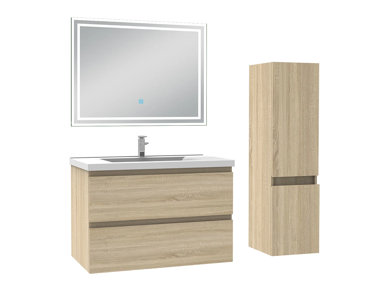 Meubles simple vasque l.60 x H.52 x P.39cm, meuble acve colonne et miroir lumineux Chêne Wotan, Aica