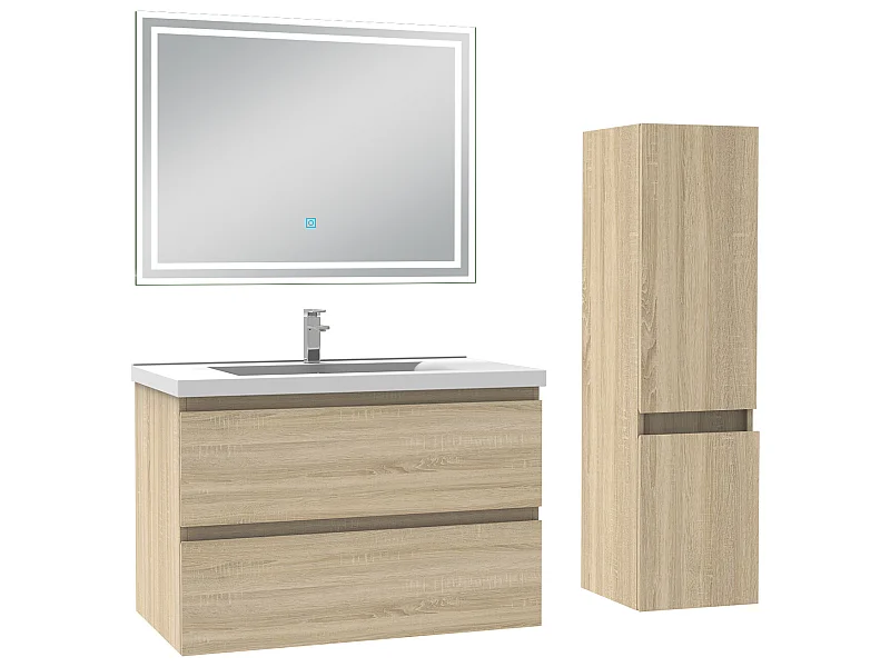 Meubles simple vasque l.60 x H.52 x P.39cm, meuble acve colonne et miroir lumineux Chêne Wotan, Aica