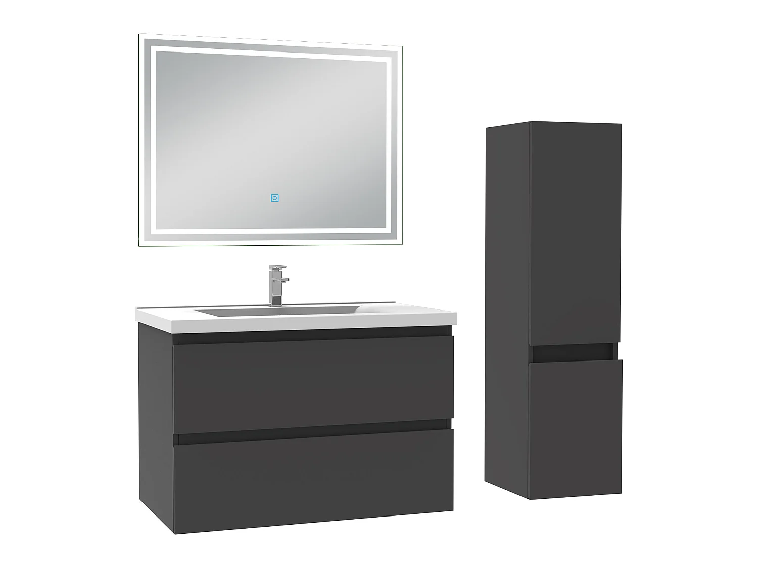 Meubles simple vasque l.60 x H.52 x P.39cm, meuble acve colonne et miroir lumineux Anthracite, Aica