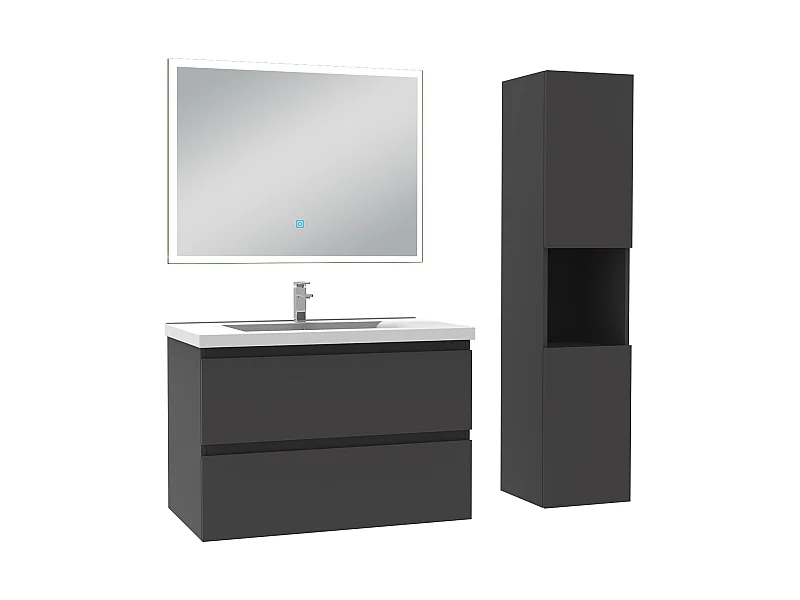 Ensemble meubles Salle de Bain 60cm simple vasque + colonne + miroir lumineux Anthracite - Aica