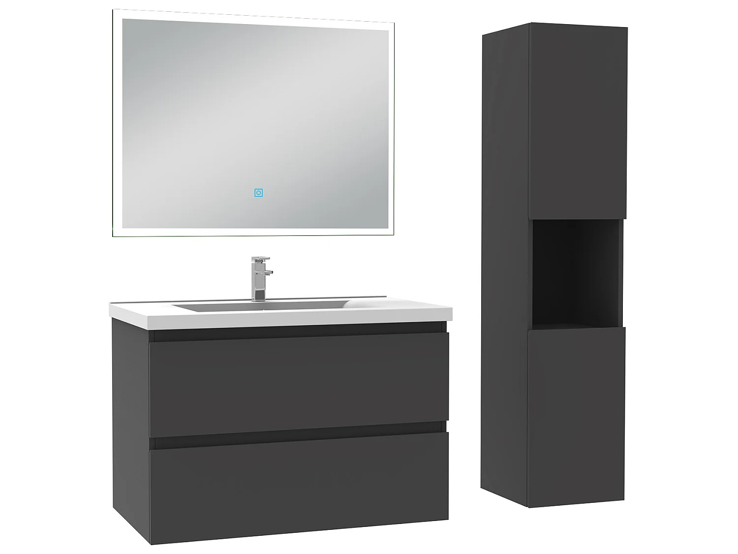 Ensemble meubles Salle de Bain 60cm simple vasque + colonne + miroir lumineux Anthracite - Aica