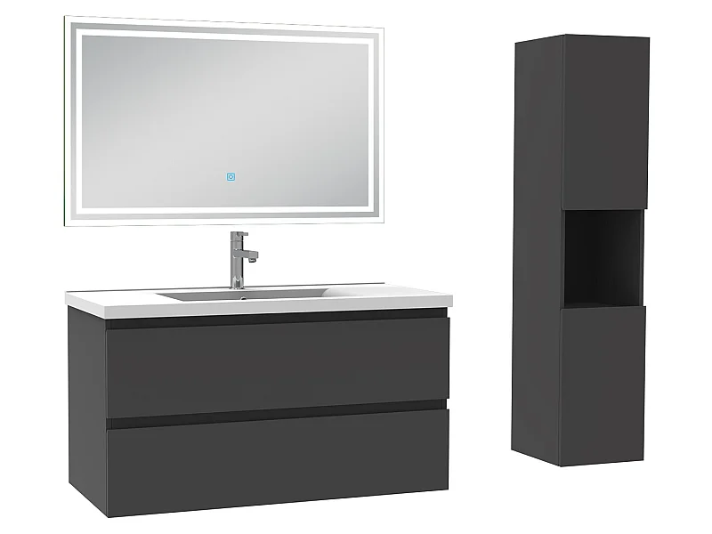 Meubles simple vasque l.100 x H.52 x P.45cm, meuble acve colonne + miroir lumineux Anthracite, Aica