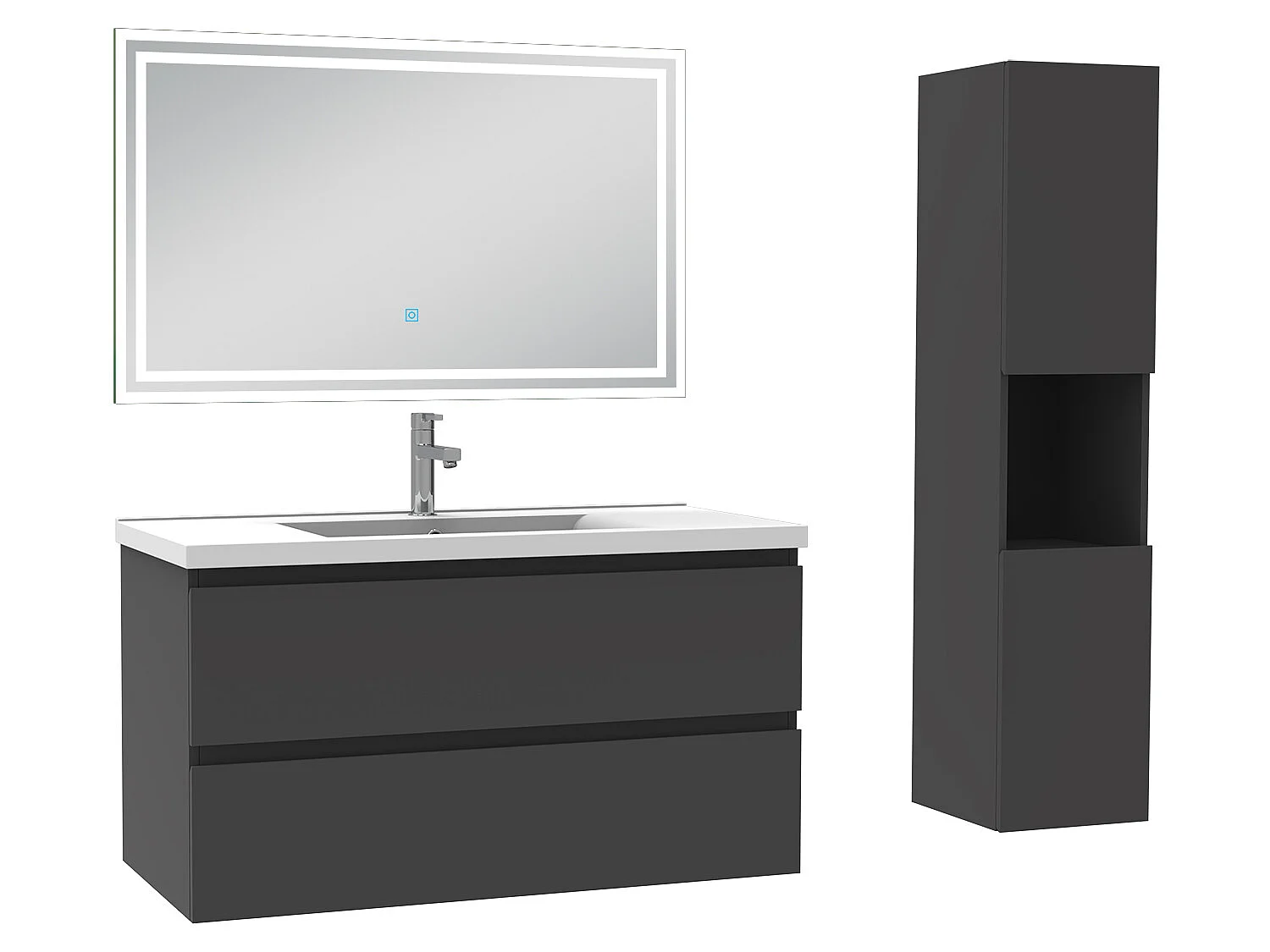Meubles simple vasque l.100 x H.52 x P.45cm, meuble acve colonne + miroir lumineux Anthracite, Aica