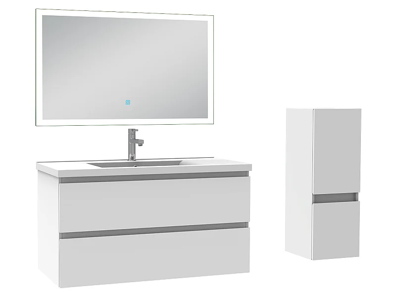 Ensemble meubles Salle de Bain 100cm vasque + colonne + miroir LED Blanc - Aica