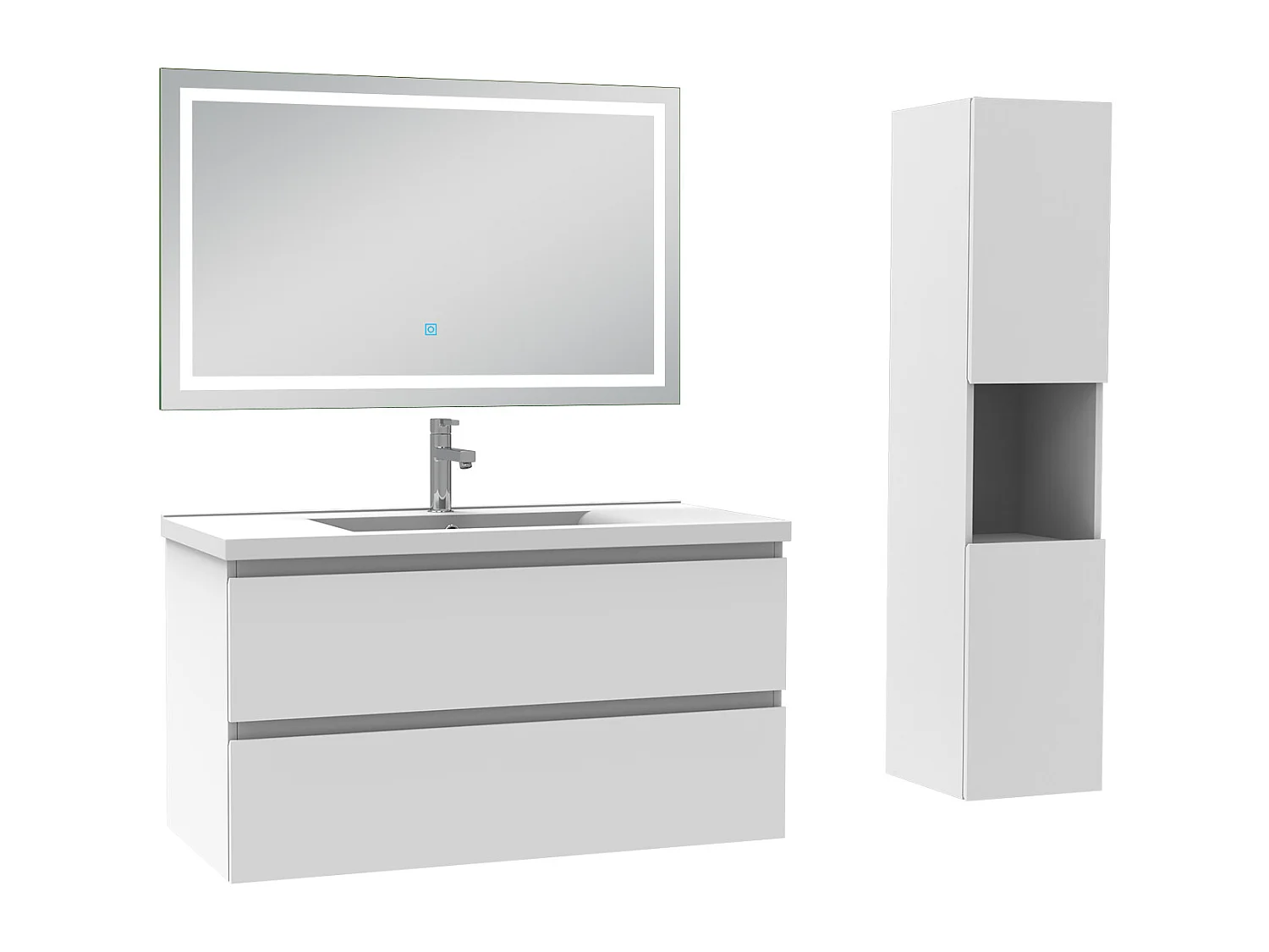 Ensemble meubles simple vasque 100cm, colonne + miroir lumineux Blanc - Aica