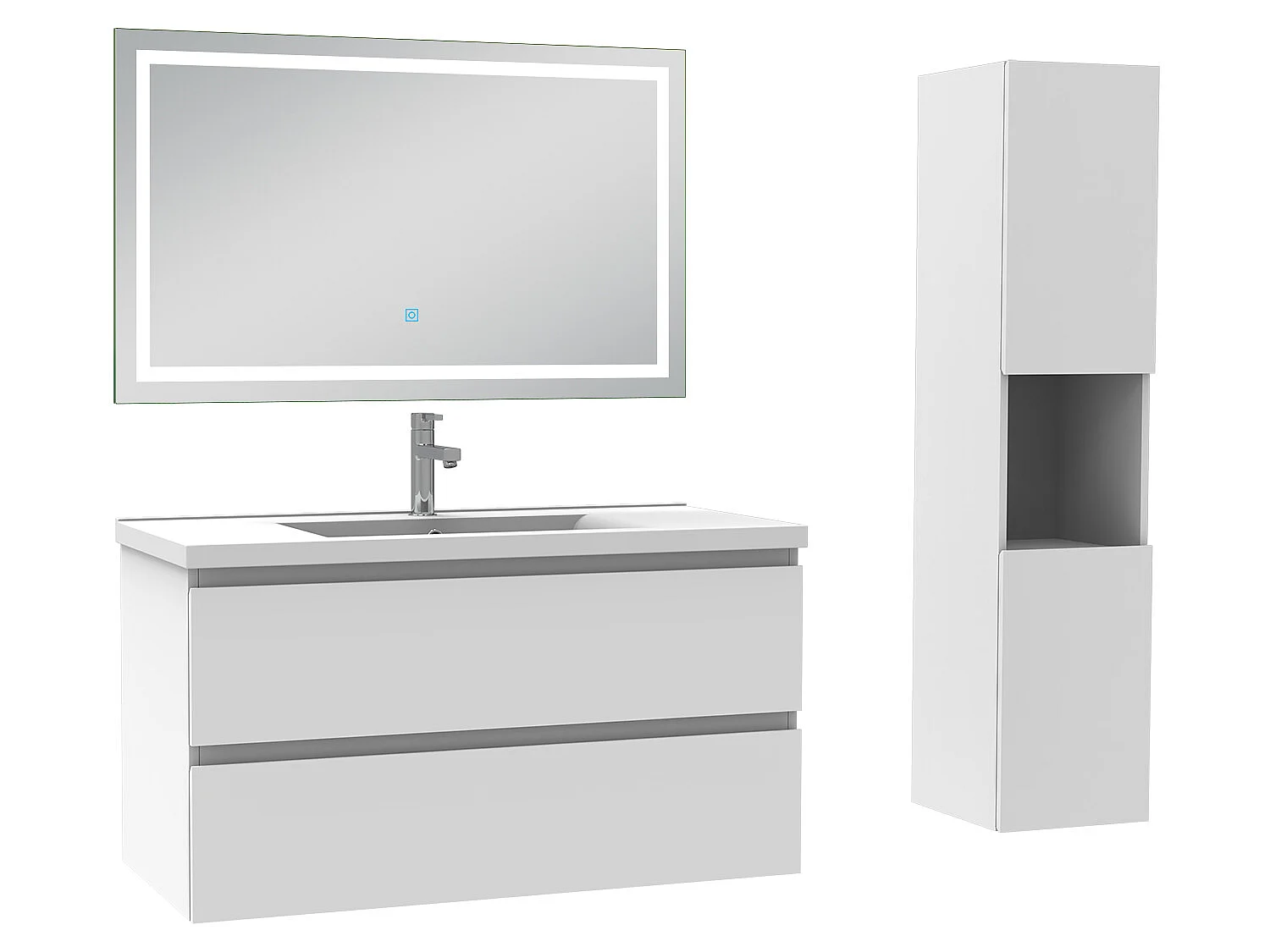 Ensemble meubles simple vasque 100cm, colonne + miroir lumineux Blanc - Aica