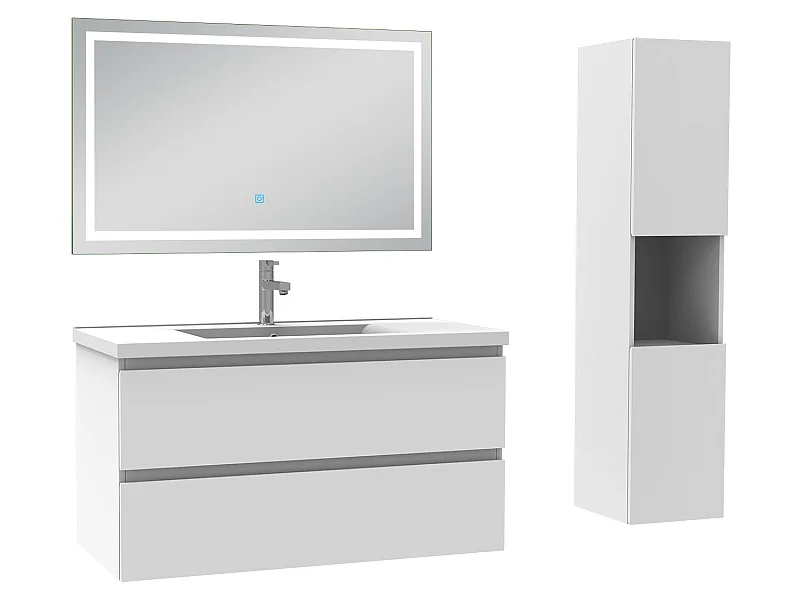 Ensemble meubles simple vasque 100cm, colonne + miroir lumineux Blanc - Aica